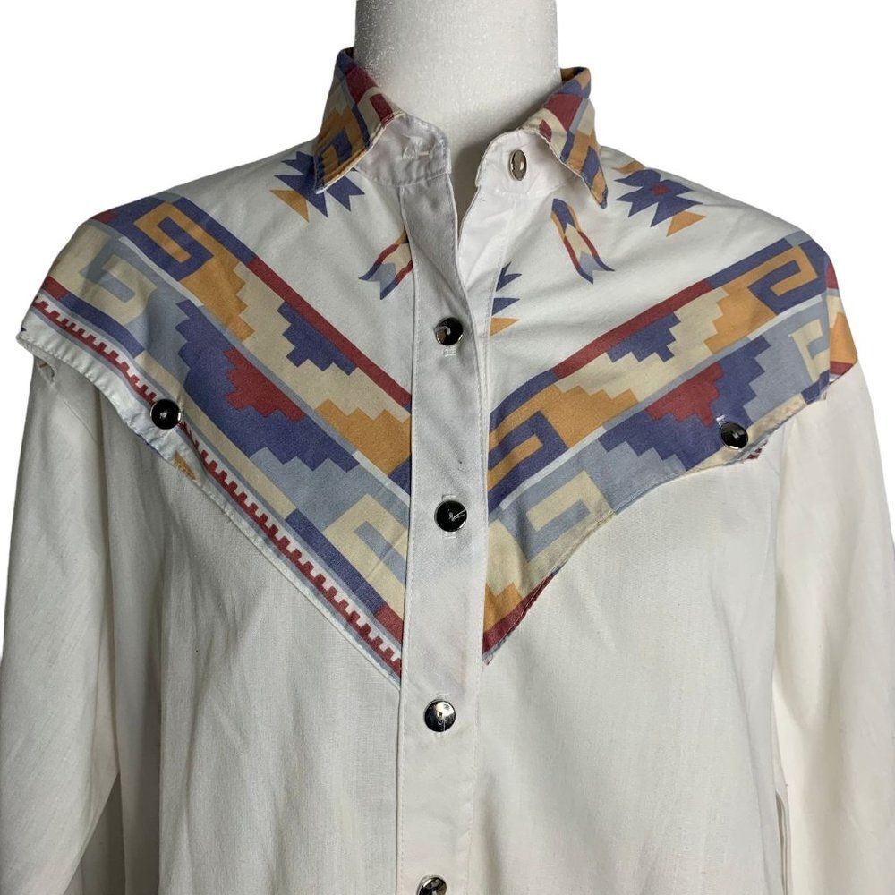 Vintage Roughrider Western Shirt M White Aztec Button Long Sleeve One Point Yoke